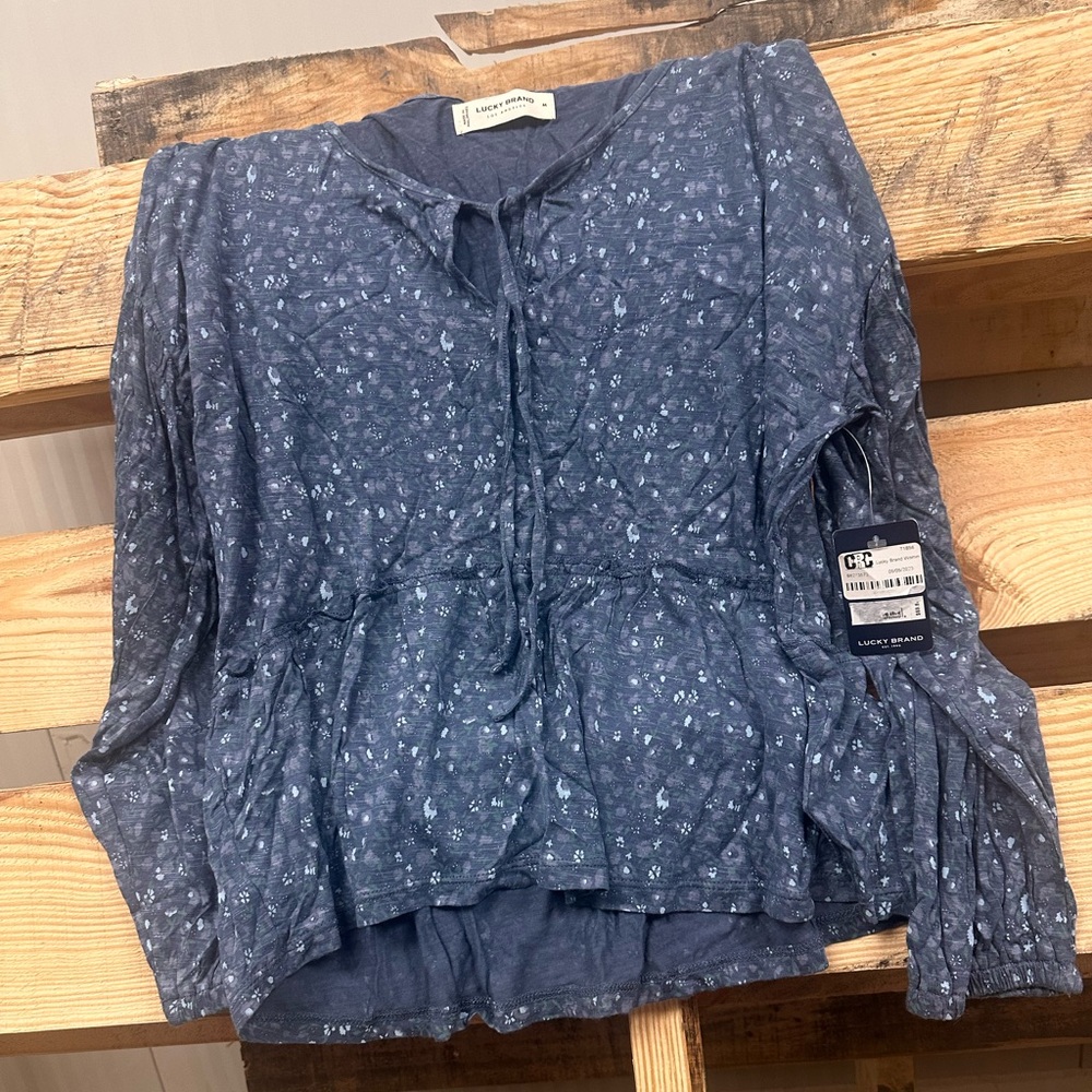 NWT Lucky Brand Floral Print Smocked Top Scoop Neck long sleeve blouse Medium